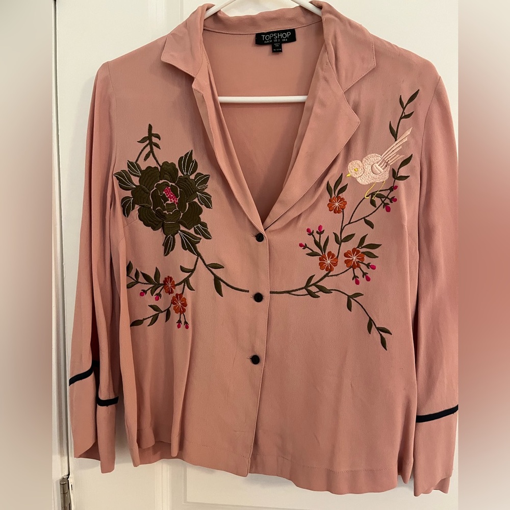 Topshop Mauve Button Down Embroidered Blouse